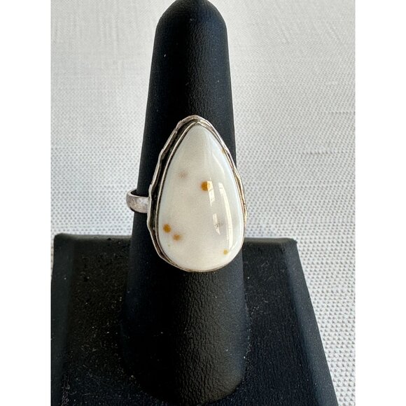 White Jasper Sterling Silver Ring Size 8 Teardrop Artisan Setting - Picture 10 of 13